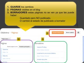 1. GUARDE los cambios
2. PÁGINAS visibles en el blog
3. BORRADORES estas páginas no se ven ya que las puede
haber:
Guardado pero NO publicado.
O cambió el estado de publicado a borrador
1
32
 