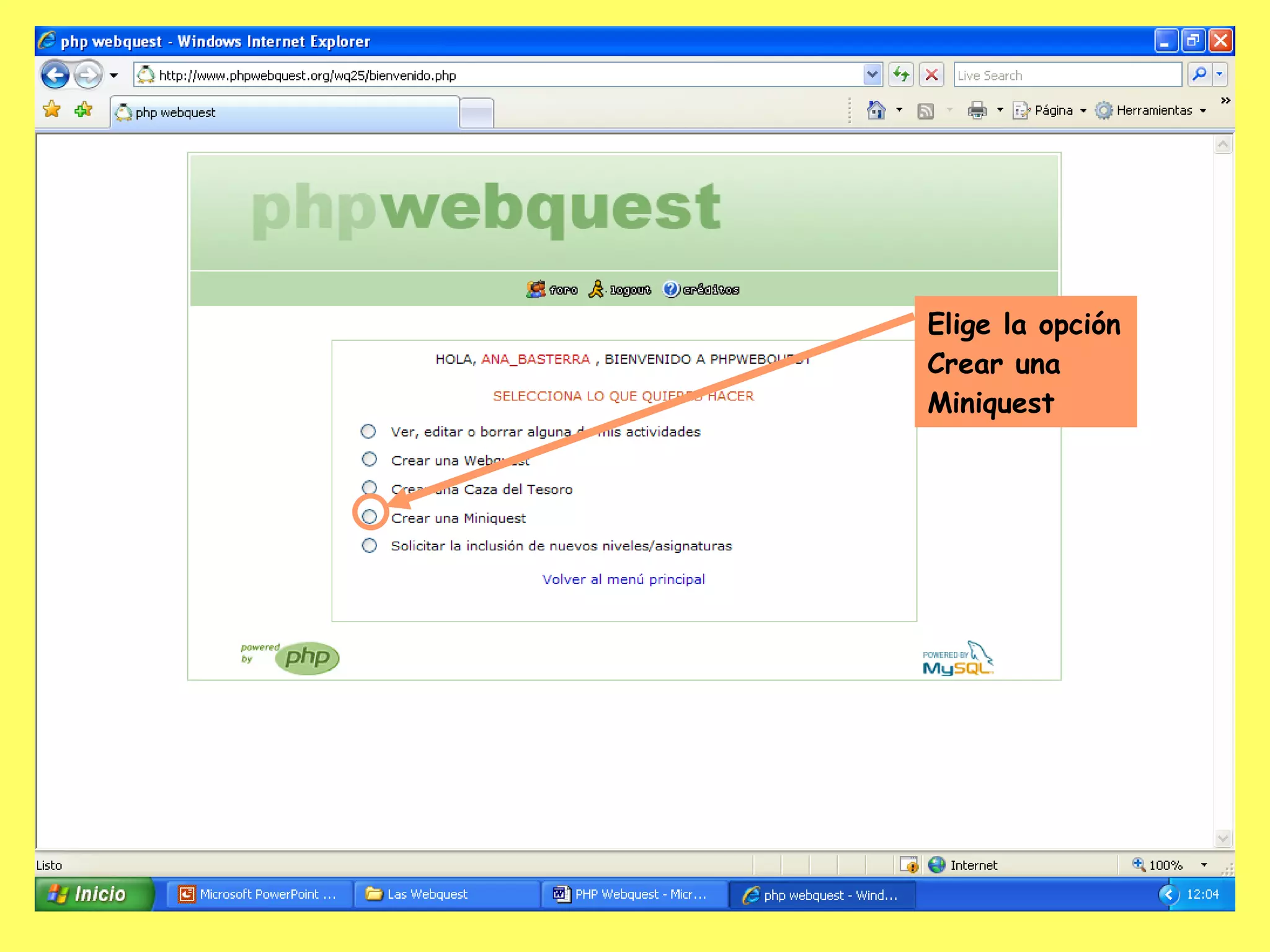 Elige la opción Crear una Miniquest  