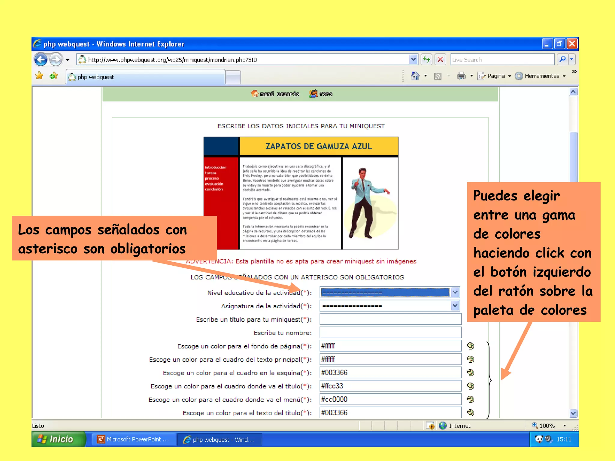 Los campos señalados con asterisco son obligatorios Puedes elegir entre una gama de colores haciendo click con el botón izquierdo del ratón sobre la paleta de colores 