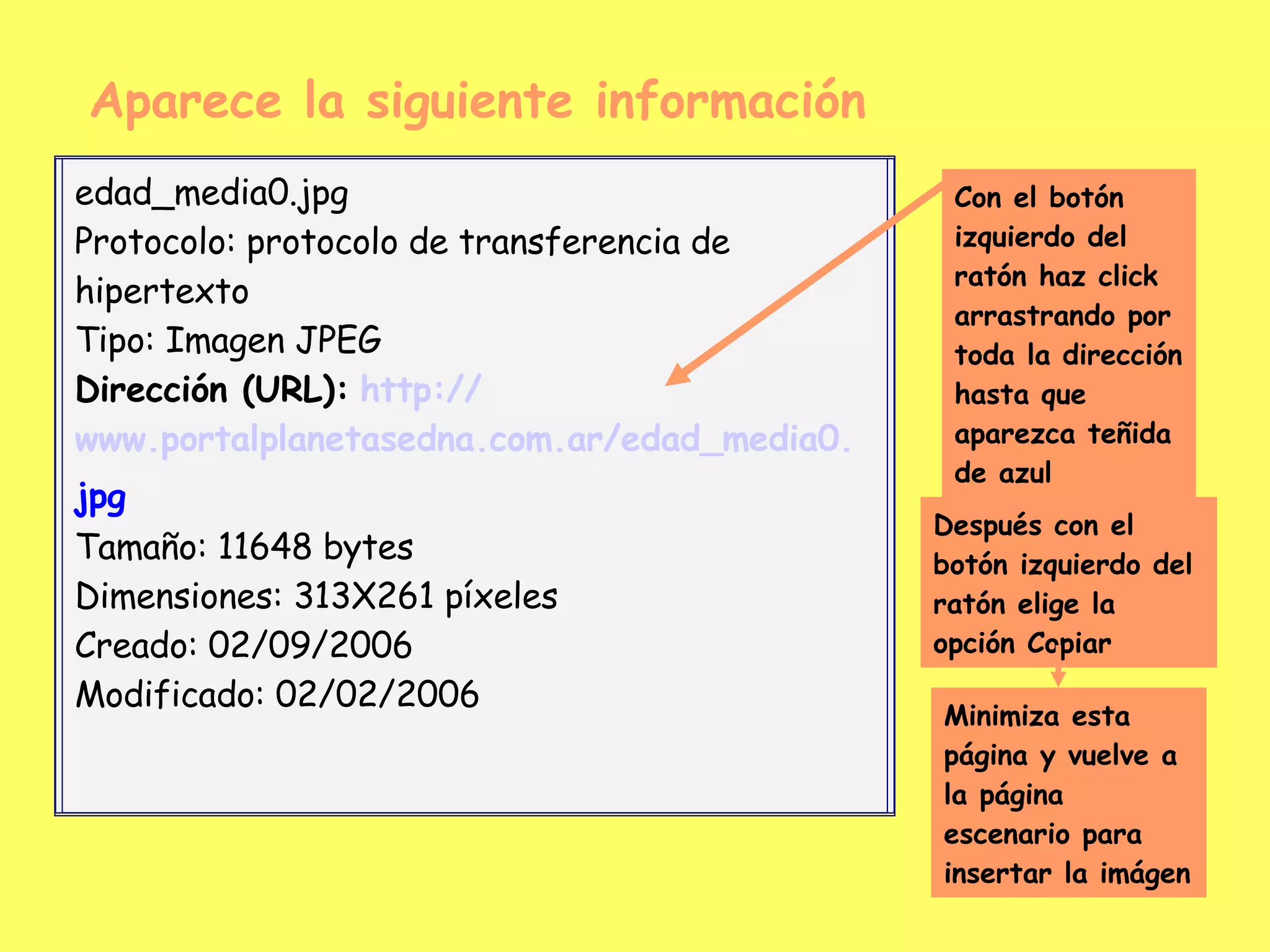 Aparece la siguiente información Dirección (URL):   http:// www.portalplanetasedna.com.ar /edad_media0. jpg Con el botón izquierdo del ratón haz click arrastrando por toda la dirección hasta que aparezca teñida de azul Después con el botón izquierdo del ratón elige la opción Copiar Minimiza esta página y vuelve a la página escenario para insertar la imágen edad_media0.jpg Protocolo: protocolo de transferencia de hipertexto Tipo: Imagen JPEG Dirección (URL):   http:// www.portalplanetasedna.com.ar /edad_media0. jpg   Tamaño: 11648 bytes Dimensiones: 313X261 píxeles Creado: 02/09/2006 Modificado: 02/02/2006 