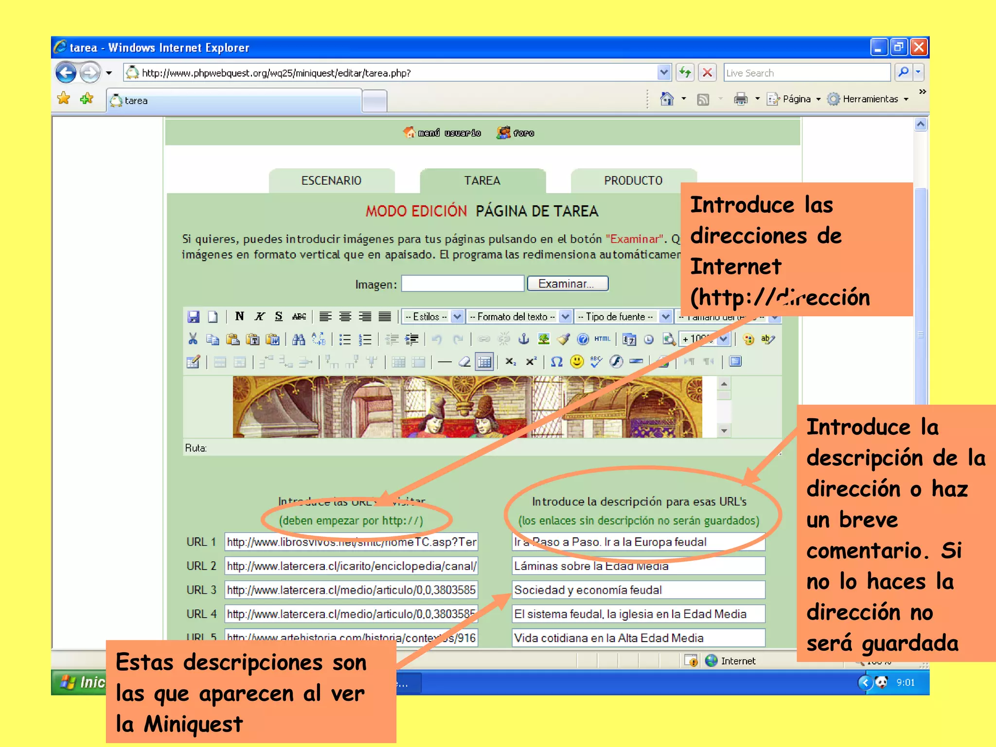 Introduce las direcciones de Internet (http://dirección Introduce la descripción de la dirección o haz un breve comentario. Si no lo haces la dirección no será guardada Estas descripciones son las que aparecen al ver la Miniquest 