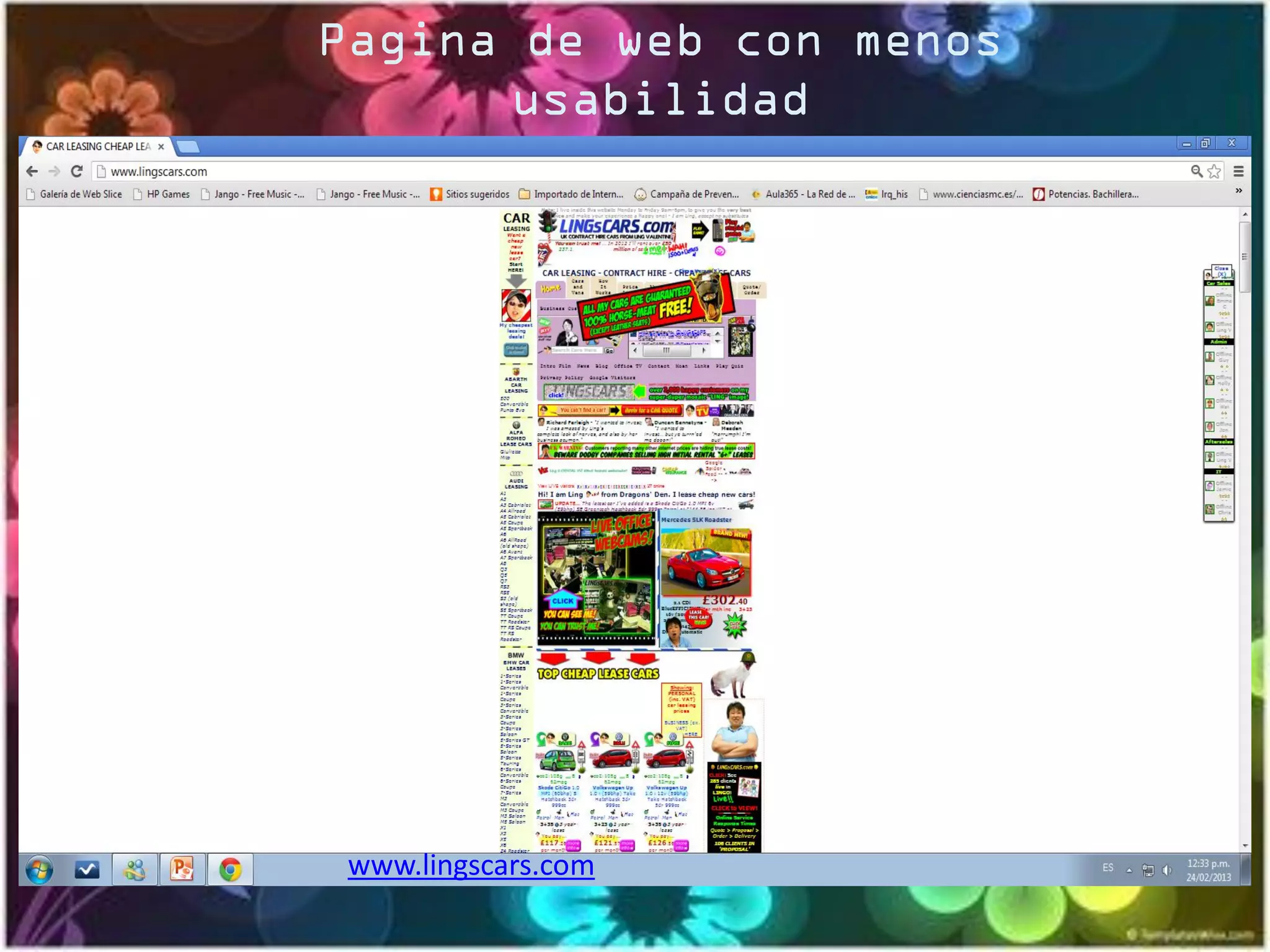 Pagina de web con menos
usabilidad
www.lingscars.com