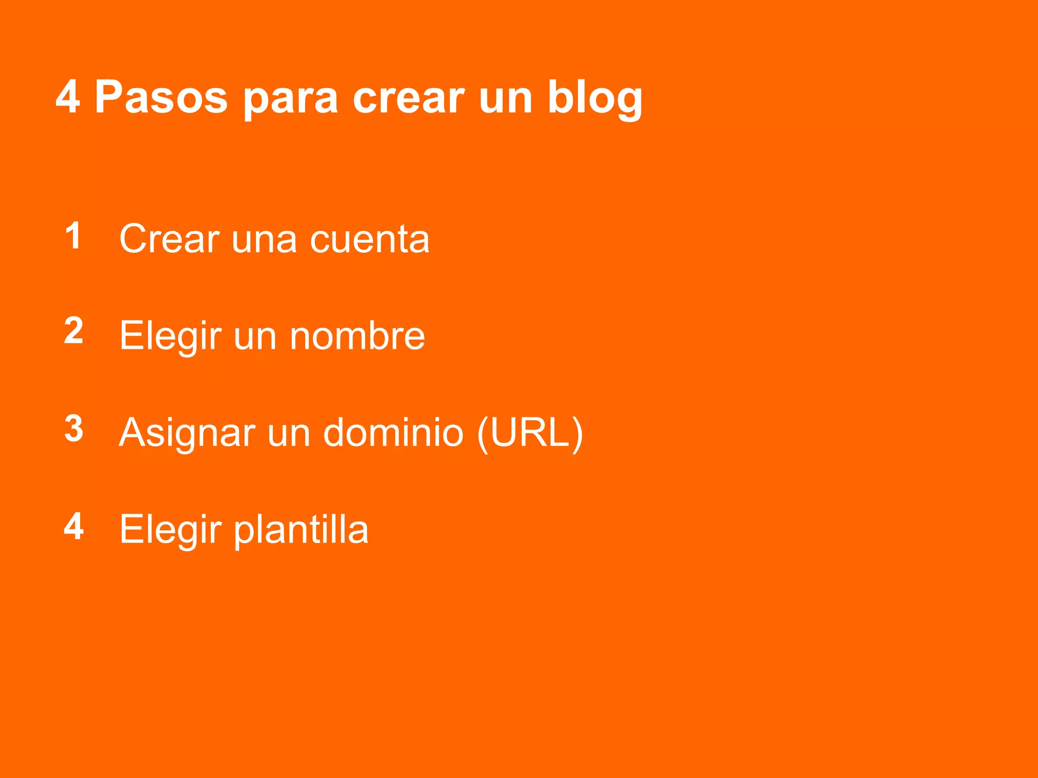 4 Pasos para crear un blog
Crear una cuenta
Elegir un nombre
Asignar un dominio (URL)
Elegir plantilla
1
2
3
4
 