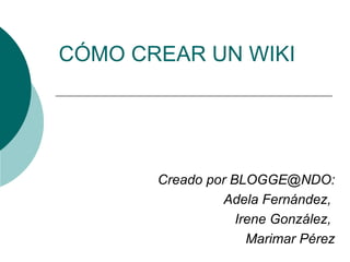 CÓMO CREAR UN WIKI Creado por BLOGGE@NDO: Adela Fernández,  Irene González,  Marimar Pérez 