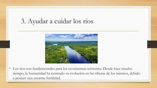 3. Ayudar a cuidar los ríos
• Los ríos son fundamentales para los ecosistemas terrestres. Desde hace mucho
tiempo, la humanidad ha centrado su evolución en las riberas de los mismos, debido
a poseen una enorme fertilidad.
 