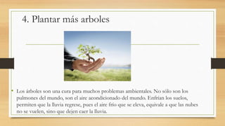 4. Plantar más arboles
• Los árboles son una cura para muchos problemas ambientales. No sólo son los
pulmones del mundo, son el aire acondicionado del mundo. Enfrían los suelos,
permiten que la lluvia regrese, pues el aire frío que se eleva, equivale a que las nubes
no se vuelen, sino que dejen caer la lluvia.
 