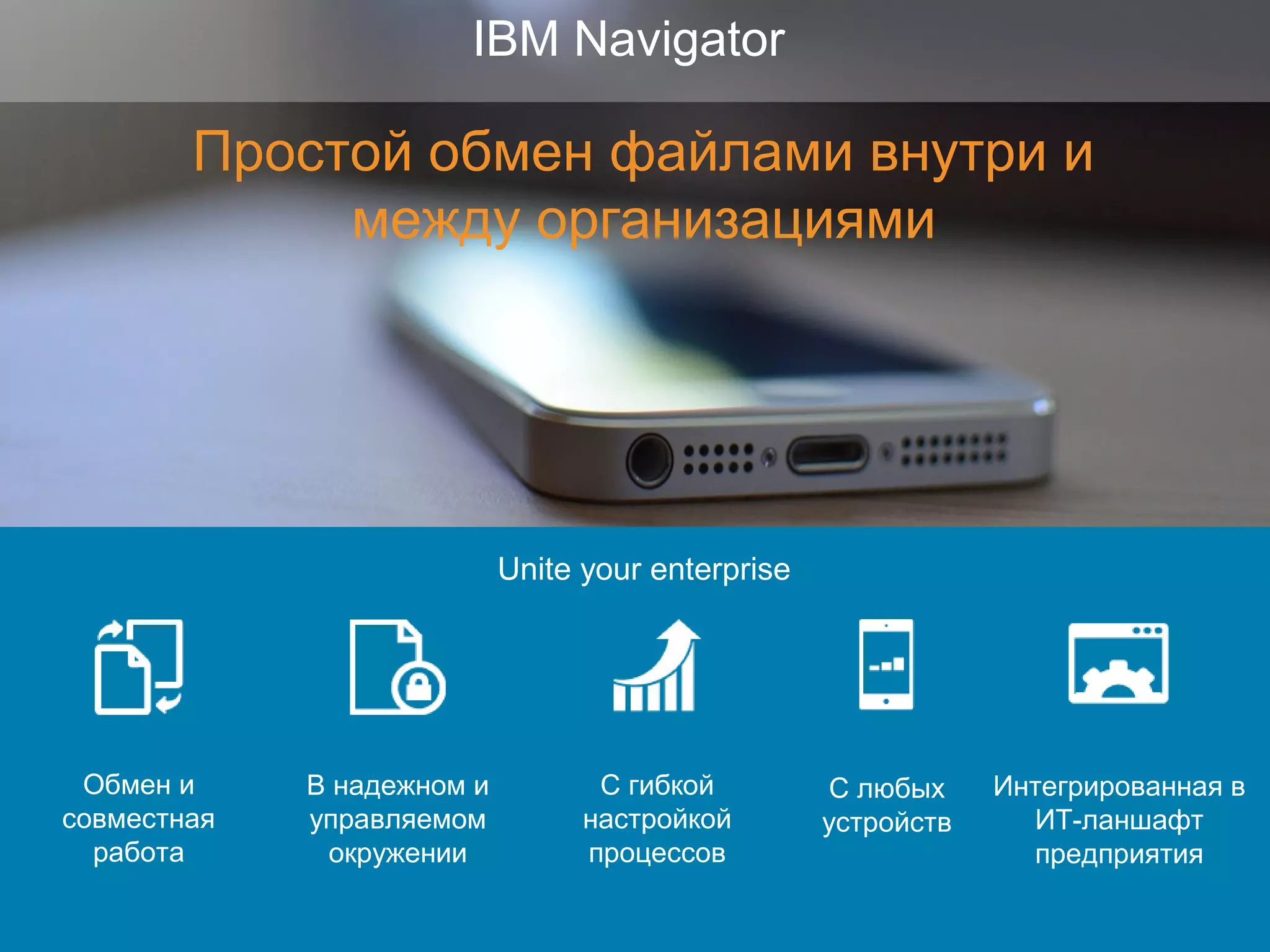 IBM Navigator
Простой обмен файлами внутри и
между организациями
Unite your enterprise
Обмен и
совместная
работа
В надежном и
управляемом
окружении
С любых
устройств
Интегрированная в
ИТ-ланшафт
предприятия
С гибкой
настройкой
процессов
 
