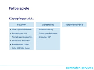 richthofen services
Fallbeispiele
Körperpflegeprodukt
Situation Zielsetzung Vorgehensweise
● Stark fragmentierter Markt
● Budgetkürzung 20%
● Rückgängige Absatzzahlen
● USP schwer definierbar
● Preissensitives Umfeld
● Hohe SEO/SEM Kosten
● Kostenreduzierung
● Erhöhung der Reichweite
● Eindeutiger USP
● Kostenreduzierung
● Erhöhung der Reichweite
● Eindeutiger USP
● Kostenreduzierung
● Erhöhung der Reichweite
● Eindeutiger USP
● Kostenreduzierung
● Erhöhung der Reichweite
● Eindeutiger USP
 