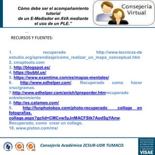 Consejería Académica ZCSUR-UDR TUMACO.
…
Cómo debe ser el acompañamiento
tutorial
de un E-Mediador en AVA mediante
el uso de un PLE.”
RECURSOS Y FUENTES:
1. recuperado http://www.tecnicas-de
estudio.org/aprendizaje/como_realizar_un_mapa_conceptual.htm
2. cmaptools.com
3. http://blogspot.es/
4. https://bubbl.us/
5. https://www.examtime.com/es/mapas-mentales/
6. http://www.edhelper.com/. Recuperado como hacer
crucigramas.
7.http://www.edhelper.com/anish/tpreporder.htmrecuperado
entretenimiento
8. http://es.calameo.com/
9. http://funphotobox.com/photo-recuperado collage en
fotografías.
collage.aspx?gclid=CMCvw5yJnMACFStk7AodSgYAnw.
Recuperado, como crear un collage.
10. www.pixton.com/mx/
 