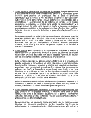 16
c. Saber organizar y desarrollar ambientes de aprendizaje. Requiere seleccionar
y estructurar la relación entre circunstancias, procesos y actividades que se
disponen para propiciar un aprendizaje, para el caso de preescolar
aprendizajes que le permitan al niño desarrollar sus procesos de objetivación y
subjetivación. Esta competencia incluye desempeños relacionados con la
enseñabilidad y aprendibilidad de los saberes, el ejercicio de la relación
pedagógica; la utilización de medios para facilitar la experimentación y el
desenvolvimiento del niño en la cultura; el diseño y ejecución de acciones
educativas que posibiliten la formación cognoscitiva, afectiva, ética, estética y
física del niño, con el propósito de facilitar el desarrollo del potencial formativo
del saber.
En esta competencia se incluyen los desempeños que el maestro desarrolla
para comprenderse como un sujeto interactivo en la relación pedagógico. Se
plantea así un sujeto que debe pensar y reflexionar su propia acción
educativa, sus propias concepciones de infancia, escuela, pedagogía,
sociedad, entre otras y sus formas de pensar respecto a las acciones e
interacciones del niño.
d. Saber evaluar. Hace referencia a la capacidad de establecer y apreciar el
estado actual de un fenómeno o evento en el ámbito educativo de los niños en
relación con un punto de partida y un estado deseado y posible, de acuerdo
con las condiciones del entorno y la naturaleza propia del niño.
Esta competencia exige una posición argumentada frente a la evaluación, su
papel y función en la formación de los niños y las niñas; el reconocimiento de
los elementos, relaciones, procesos y estados que caracterizan situaciones
específicas como procesos de aprendizaje, funcionamiento e implementación
del currículo, diseño y desarrollo de ambientes de aprendizaje, entre otros;
identificar las condiciones actuales de las situaciones específicas que son
reconocidas y compararlas con el punto de llegada propuesto para poder
establecer la distancia o no entre los mismos para definir su actuación
pedagógica y tomar posición crítica frente a la misma.
Poner en escena lo anterior requiere definir la clase, pertinencia y utilidad de la
información a obtener en torno al objeto que se desea evaluar y utilizar los
medios, instrumentos y fuentes adecuadas para este propósito.
e. Saber proponer, desarrollar, sistematizar y evaluar proyectos educativos y de
aula. Derivado de su proceso formativo, el maestro debe tener un saber
construido en torno a los proyectos educativos que le permita reconocer en
estos los elementos que los conforman y hacer una diferenciación teórica y
práctica entre sus diferentes tipologías.
En consecuencia, un estudiante deberá demostrar con su desempeño que
identifica los elementos constitutivos de los proyectos, las formas de
estructuración, la coherencia entre los distintos componentes y la pertinencia
 