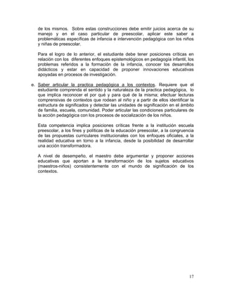17
de los mismos. Sobre estas construcciones debe emitir juicios acerca de su
manejo y en el caso particular de preescolar, aplicar este saber a
problemáticas específicas de infancia e intervención pedagógica con los niños
y niñas de preescolar.
Para el logro de lo anterior, el estudiante debe tener posiciones críticas en
relación con los diferentes enfoques epistemológicos en pedagogía infantil, los
problemas referidos a la formación de la infancia, conocer los desarrollos
didácticos y estar en capacidad de proponer innovaciones educativas
apoyadas en procesos de investigación.
e. Saber articular la practica pedagógica a los contextos. Requiere que el
estudiante comprenda el sentido y la naturaleza de la practica pedagógica, lo
que implica reconocer el por qué y para qué de la misma; efectuar lecturas
comprensivas de contextos que rodean al niño y a partir de ellos identificar la
estructura de significados y detectar las unidades de significación en el ámbito
de familia, escuela, comunidad. Poder articular las condiciones particulares de
la acción pedagógica con los procesos de socialización de los niños.
Esta competencia implica posiciones críticas frente a la institución escuela
preescolar, a los fines y políticas de la educación preescolar, a la congruencia
de las propuestas curriculares institucionales con los enfoques oficiales, a la
realidad educativa en torno a la infancia, desde la posibilidad de desarrollar
una acción transformadora.
A nivel de desempeño, el maestro debe argumentar y proponer acciones
educativas que aportan a la transformación de los sujetos educativos
(maestros-niños) consistentemente con el mundo de significación de los
contextos.
 