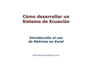 Cómo desarrollar un
Sistema de Ecuación


  Introducción al uso
  de Matrices en Excel



    tatisordonezrey@gmail.com
 