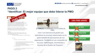 ES UN ROL
UNA POSICIÓN
UNA PERSONA
UNA PMO JAMÁS
El PMBOK en la sección 2.4.4.3 define la
PMO
como “una estructura de gestión que
estandariza los procesos relacionados con la
gobernabilidad de los proyectos de una
organización. Facilitando el uso compartido de
recursos, metodologías, herramientas y
técnicas de la Gestión de Proyectos.”
 