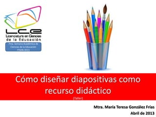 Cómo diseñar diapositivas como
recurso didáctico
(Taller)
Mtra. María Teresa González Frías
Abril de 2013
7ma. Semana Académica de
Ciencias de la Educación
ITSON 2013
 