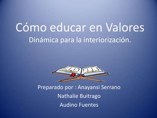 Cómo educar en Valores
Dinámica para la interiorización.

Preparado por : Anayansi Serrano
Nathalie Buitrago
Audino Fuentes

 