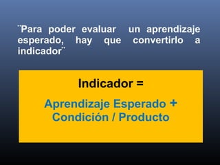Indicador =
Aprendizaje Esperado +
Condición / Producto
¨Para poder evaluar un aprendizaje
esperado, hay que convertirlo a
indicador¨
 