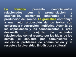 La  fonética  presenta  conocimientos 
relacionados  con  la  pronunciación  y 
entonación,  elementos  inherentes  a  la 
producción del sonido. La gramática contribuye 
a  una  mejor  producción  de  los  textos  con 
coherencia y corrección lingüística. Además de 
las  capacidades  y  los  conocimientos,  el  área 
desarrolla  un  conjunto  de  actitudes 
relacionadas con el respeto por las ideas de los 
demás,  el  esfuerzo  por  comunicarse  y 
solucionar  problemas  de  comunicación  y  el 
respeto a la diversidad lingüística y cultural.
 