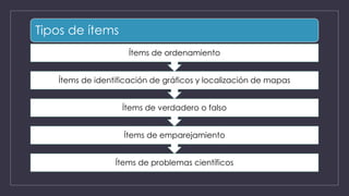 Tipos de ítems
Ítems de problemas científicos
Ítems de emparejamiento
Ítems de verdadero o falso
Ítems de identificación de gráficos y localización de mapas
Ítems de ordenamiento
 
