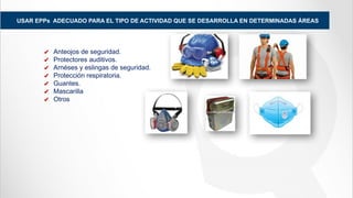 USAR EPPs ADECUADO PARA EL TIPO DE ACTIVIDAD QUE SE DESARROLLA EN DETERMINADAS ÁREAS
✔ Anteojos de seguridad.
✔ Protectores auditivos.
✔ Arnéses y eslingas de seguridad.
✔ Protección respiratoria.
✔ Guantes.
✔ Mascarilla
✔ Otros
 
