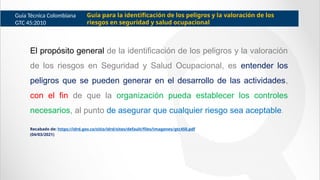 El propósito general de la identificación de los peligros y la valoración
de los riesgos en Seguridad y Salud Ocupacional, es entender los
peligros que se pueden generar en el desarrollo de las actividades,
con el fin de que la organización pueda establecer los controles
necesarios, al punto de asegurar que cualquier riesgo sea aceptable.
Recabado de: https://idrd.gov.co/sitio/idrd/sites/default/files/imagenes/gtc450.pdf
(04/03/2021)
Guía Técnica Colombiana
GTC 45:2010
Guía para la identificación de los peligros y la valoración de los
riesgos en seguridad y salud ocupacional
 