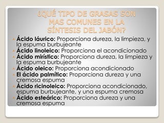 Ácido láurico: Proporciona dureza, la limpieza, y
la espuma burbujeante
 Ácido linoleico: Proporciona el acondicionado
 Ácido mirístico: Proporciona dureza, la limpieza y
la espuma burbujeante
Ácido oleico: Proporciona acondicionado
 El ácido palmítico: Proporciona dureza y una
cremosa espuma
 Ácido ricinoleico: Proporciona acondicionado,
espuma burbujeante, y una espuma cremosa
 Ácido esteárico: Proporciona dureza y una
cremosa espuma
 