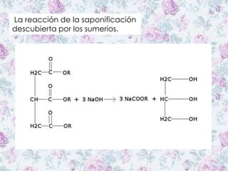 La reacción de la saponificación
descubierta por los sumerios.
 
