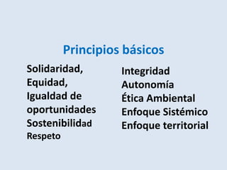 Principios básicos
Solidaridad,        Integridad
Equidad,            Autonomía
Igualdad de         Ética Ambiental
oportunidades       Enfoque Sistémico
Sostenibilidad      Enfoque territorial
Respeto
 