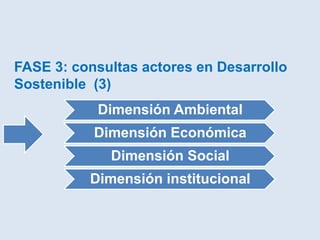 FASE 3: consultas actores en Desarrollo
Sostenible (3)
           Dimensión Ambiental
           Dimensión Económica
             Dimensión Social
          Dimensión institucional
 