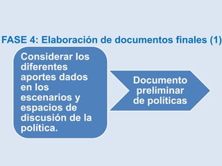 FASE 4: Elaboración de documentos finales (1)
   Considerar los
   diferentes
   aportes dados          Documento
   en los                  preliminar
   escenarios y           de políticas
   espacios de
   discusión de la
   política.
 