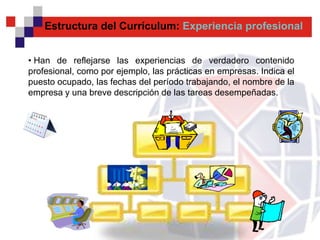 Estructura del Currículum: Experiencia profesional


• Han de reflejarse las experiencias de verdadero contenido
profesional, como por ejemplo, las prácticas en empresas. Indica el
puesto ocupado, las fechas del período trabajando, el nombre de la
empresa y una breve descripción de las tareas desempeñadas.
 