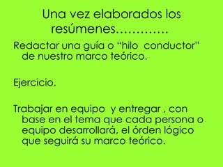 Una vez elaborados los
       resúmenes………….
Redactar una guía o “hilo conductor”
 de nuestro marco teórico.

Ejercicio.

Trabajar en equipo y entregar , con
  base en el tema que cada persona o
  equipo desarrollará, el órden lógico
  que seguirá su marco teórico.
 
