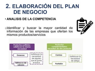 2. ELABORACIÓN DEL PLAN
DE NEGOCIO
• ANALISIS DE LA COMPETENCIA
oIdentificar y buscar la mayor cantidad de
información de las empresas que ofertan los
mismos productos/servicios
 