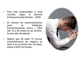 • País más emprendedor a nivel
mundial, según el General
Entrepreneurship Monitor – GEM
• El número de emprendimientos
entre la Población
Económicamente Activa – PEA
(de 18 a 65 años) es de 40.20%,
la más alta del planeta
• Sabías que de cada 10 nuevos
emprendimiento de negocio se
caen 9 en el primer año. Es decir,
existe el 90% de fracaso
 