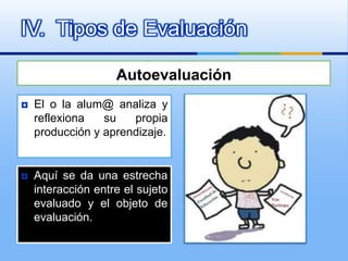 IV. Tipos de Evaluación

                    Autoevaluación
   El o la alum@ analiza y
    reflexiona   su   propia
    producción y aprendizaje.


   Aquí se da una estrecha
    interacción entre el sujeto
    evaluado y el objeto de
    evaluación.
 