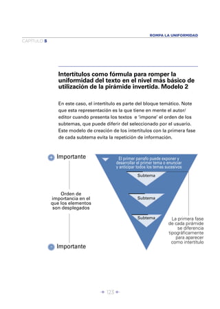 Î 123 ∂
CAPÍTULO 5
ROMPA LA UNIFORMIDAD
Intertítulos como fórmula para romper la
uniformidad del texto en el nivel más básico de
utilización de la pirámide invertida. Modelo 2
En este caso, el intertítulo es parte del bloque temático. Note
que esta representación es la que tiene en mente el autor/
editor cuando presenta los textos e ‘impone’ el orden de los
subtemas, que puede diferir del seleccionado por el usuario.
Este modelo de creación de los intertítulos con la primera fase
de cada subtema evita la repetición de información.
La primera fase
de cada pirámide
se diferencia
tipográﬁcamente
para aparecer
como intertítulo
Subtema
Subtema
Subtema
El primer parrafo puede exponer y
desarrollar el primer tema o enunciar
y anticipar todos los temas sucesivos
Importante
Importante
Orden de
importancia en el
que los elementos
son desplegados
+
-
 