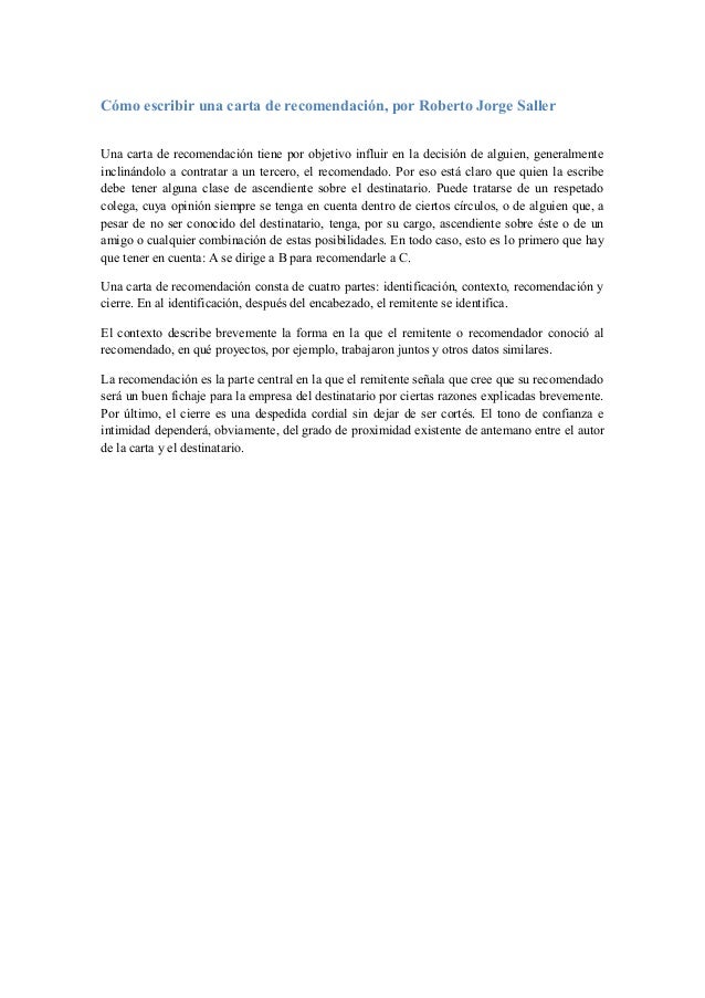 cómo escribir una carta de recomendación roberto jorge saller carta de recomendacion