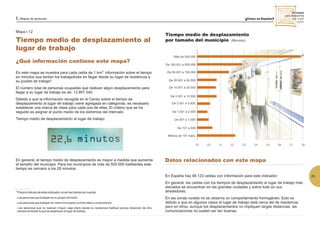 I. Mapas de personas
Mapa I.12
Tiempo medio de desplazamiento al
lugar de trabajo
25 mapas
para descubrirla
km a km
2 2
¿Qué información contiene este mapa?
25
Datos relacionados con este mapa
19 20 21 22 23 24 25 26 27 28
Más de 500.000
De 100.001 a 500.000
De 50.001 a 100.000
De 20.001 a 50.000
De 10.001 a 20.000
De 5.001 a 10.000
De 2.001 a 5.000
De 1.001 a 2.000
De 501 a 1.000
De 101 a 500
Tiempo medio de desplazamiento
por tamaño del municipio
En este mapa se muestra para cada celda de 1 km información sobre el tiempo
en minutos que tardan los trabajadores en llegar desde su lugar de residencia a
su puesto de trabajo* .
El número total de personas ocupadas que realizan algún desplazamiento para
llegar a su lugar de trabajo es de: 13.891.540.
Debido a que la información recogida en el Censo sobre el tiempo de
desplazamiento al lugar de trabajo viene agregada en categorías, es necesario
establecer una marca de clase para cada una de ellas. El criterio que se ha
seguido es asignar el punto medio de los extremos del intervalo.
2
Tiempo medio de desplazamiento al lugar de trabajo:
En general, el tiempo medio de desplazamiento es mayor a medida que aumenta
el tamaño del municipio. Para los municipios de más de 500.000 habitantes este
tiempo es cercano a los 28 minutos.
En España hay 48.123 celdas con información para este indicador.
En general, las celdas con los tiempos de desplazamiento al lugar de trabajo más
elevados se encuentran en las grandes ciudades y sobre todo en sus
alrededores.
En las zonas rurales no se observa un comportamiento homogéneo. Esto es
debido a que en algunos casos el lugar de trabajo está cerca del de residencia,
pero en otros, aunque los desplazamientos no impliquen largas distancias, las
comunicaciones no suelen ser tan buenas.
* Para el cálculo de este indicador no se han tenido en cuenta:
- Las personas que trabajan en su propio domicilio.
- Las personas que trabajan en varios municipios (comerciales o conductores).
- Las personas que no realizan ningún viaje diario desde su residencia habitual porque disponen de otra
residencia desde la que se desplazan al lugar de trabajo.
Menos de 101 habs.
(Minutos)
 