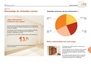 Porcentaje de viviendas vacías
25 mapas
para descubrirla
km a km
2 2
39
Mapa III.19
III. Mapas de viviendas
Datos relacionados con este mapa
En este mapa se muestra para cada celda de 1 km información
sobre el porcentaje de viviendas vacías que hay en relación con
el total de viviendas.
Una vivienda vacía es aquella que no es la residencia habitual
de ninguna persona ni es utilizada de forma estacional,
periódica o esporádica por nadie.
En España hay 3.443.365 viviendas vacías, lo que representa
un:
El 32,1% de las viviendas vacías fueron construidas en el
periodo 1991-2011.
2
En España hay 79.857 celdas con información
para este indicador.
Llama la atención que en 39.758 de dichas celdas
(muchas de ellas con un número de viviendas
muy pequeño) el porcentaje de viviendas vacías
es del 0%.
En el mapa se puede apreciar como, en general,
en el centro de las grandes ciudades hay más
viviendas vacías que en los alrededores.
Viviendas vacías por año de construcción (%)
Antes de 1951
1951-1970
¿Qué información
contiene este mapa?
20,2
22,8
1971-1990
24,9
1991-2011
32,1
 
