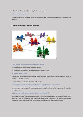 - Reuniones de equipos docentes y Juntas de evaluación.
¿Cómo son esos espacios?
Fundamentalmente son aulas donde la distribución y el mobiliario no ayuda a un diálogo entre
iguales.
CONVIVENCIA Y PARTICIPACIÓN FAMILIAR
¿Qué tipos de participación identificas en tu centro?
- La participación informativa hacia las familias.
- La participación decisiva entre los miembros del Claustro.
¿Cómo se llevan a cabo?
- Mediante reuniones con las familias, tanto grupales como individualizadas en las horas de
atención a madres y padres.
- En reuniones de equipos docentes y de tutores.
¿Cuáles crees que son las principales barreras a la participación en tu centro?
La mayor barrera radica en la apatía de determinadas familias ante los problemas de sus hijos
en el centro.
¿Qué oportunidades existen para ampliar la participación?
Una nueva forma de enseñar en la que todos estemos implicados es el aprendizaje colaborativo,
pero para ello es necesario una mayor participación e implicación de toda la comunidad
educativa. Plantear un programa de formación conjunta entre docentes y familias.
 