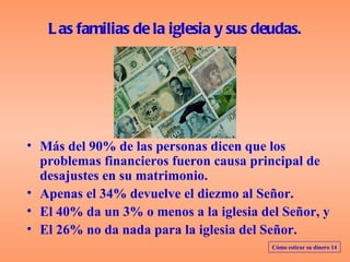 L as familias de la iglesia y sus deudas.




• Más del 90% de las personas dicen que los
  problemas financieros fueron causa principal de
  desajustes en su matrimonio.
• Apenas el 34% devuelve el diezmo al Señor.
• El 40% da un 3% o menos a la iglesia del Señor, y
• El 26% no da nada para la iglesia del Señor.
                                         Cómo estirar su dinero 14
 