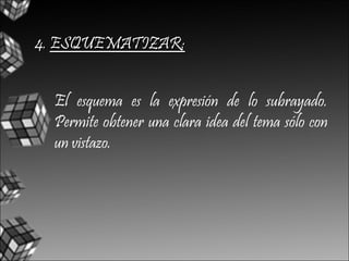 4. ESQUEMATIZAR:


  El esquema es la expresión de lo subrayado.
  Permite obtener una clara idea del tema sólo con
  un vistazo.
 