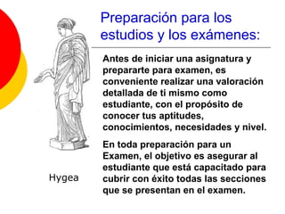 Preparación para los
        estudios y los exámenes:
        Antes de iniciar una asignatura y
        prepararte para examen, es
        conveniente realizar una valoración
        detallada de ti mismo como
        estudiante, con el propósito de
        conocer tus aptitudes,
        conocimientos, necesidades y nivel.
        En toda preparación para un
        Examen, el objetivo es asegurar al
        estudiante que está capacitado para
Hygea   cubrir con éxito todas las secciones
        que se presentan en el examen.
 