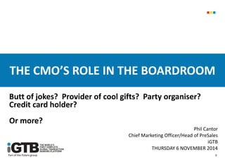 THE CMO’S ROLE IN THE BOARDROOM 
0 
Butt of jokes? Provider of cool gifts? Party organiser? 
Credit card holder? 
Or more? 
Phil Cantor 
Chief Marketing Officer/Head of PreSales 
iGTB 
THURSDAY 6 NOVEMBER 2014 
Part of the Polaris group 
 