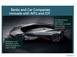 © IBM Corporation 13
Banks and Car Companies
innovate with API’s and IOT
Developers and
Marketeers build
Digital strategy @ a
large US Bank
Car Manufacturer
uses drivers
information to create
new business
opportunities
 