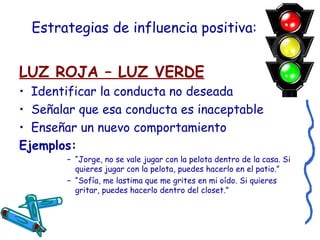 Estrategias de influencia positiva: LUZ ROJA – LUZ VERDE Identificar la conducta no deseada  Señalar que esa conducta es inaceptable Enseñar un nuevo comportamiento Ejemplos: “ Jorge, no se vale jugar con la pelota dentro de la casa. Si quieres jugar con la pelota, puedes hacerlo en el patio.” “ Sofía, me lastima que me grites en mi oído. Si quieres gritar, puedes hacerlo dentro del closet.” 