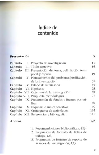 índice de
contenido
P resentac ión 5
C a p ítu lo I. P r o y e c to d e in v e s tig a c ió n 11
C a p ítu lo II. T ítu lo te n ta tiv o 15
C a p ítu lo III. P r e s e n t a c i ó n d e l te m a , d e lim ita c ió n te m ­
p o r a l y e s p a c ia l 19
C a p ítu lo IV. P la n t e a m i e n to d e l p r o b le m a /j u s t if ic a c ió n
d e la in v e s tig a c ió n 31
C a p ítu lo V. E s ta d o d e la c u e s ti ó n 4 5
C a p ítu lo VI. H ip ó te s is 6 3
C a p ítu lo VIL O b je tiv o s d e la in v e s tig a c ió n 6 9
C a p ítu lo VIII. P r o p u e s t a m e to d o ló g i c a 77
C a p ítu lo IX. P r e s e n ta c ió n d e f o n d o s y f u e n te s p o r u ti­
liz a r 8 9
C a p ítu lo X. E s q u e m a o ín d i c e te n ta tiv o 9 9
C a p ítu lo XI. C r o n o g r a m a d e a c tiv id a d e s 105
C a p ítu lo XII. R e f e r e n c ia s y b ib lio g r a f ía 115
Anex os 12 3
1. R e c o m e n d a c i o n e s b ib lio g r á f ic a s , 123-
2. P r o p u e s t a s d e f o r m a t o d e f ic h a s d e
tr a b a jo , 126.
3. P r o p u e s t a s d e f o r m a t o d e r e p o r t e d e
a v a n c e s d e in v e s tig a c ió n , 1 3 3 .
9
 
