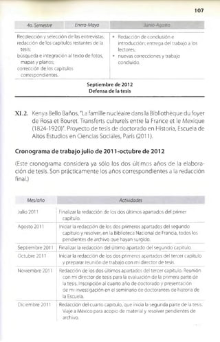 1 0 7
4o. Semestre Enero-Mayo Jumo-Agosto
Recolección y selección de las entrevistas; • Redacción de conclusión e
redacción de los capítulos restantes de la introducción; entrega del trabajo a los
tesis; lectores;
búsqueda e integración al texto de fotos, • nuevas correcciones y trabajo
mapas y planos; concluido.
corrección de los capítulos
correspondientes.
Septiem bre de 2012
Defensa de la tesis
X I . 2. Kenya Bello Baños, "La fam ille nucléaire dans la Bibliothéque du foyer
de Rosa et Bouret. Transferís culturéis entre la France et le M exique
(1824-1920)". Proyecto de tesis de doctorado en Historia, Escuela de
Altos Estudios en Ciencias Sociales, París (2011).
Cronograma de trabajo julio de 2011-octubre de 2012
(Este cronogram a considera ya sólo los dos últim os años de la elabora­
ción de tesis. Son p rácticam ente los años co rresp ondientes a la redacción
final.)
Mes/año Actividades
Julio 2011 Finalizar la redacción de los dos últimos apartados del primer
capítulo.
Agosto 2011 Iniciar la redacción de los dos primeros apartados del segundo
capítulo y resolver, en la Biblioteca Nacional de Francia, todos los
pendientes de archivo que hayan surgido.
Septiembre 2011 Finalizar la redacción del último apartado del segundo capítulo
Octubre 2011 Iniciar la redacción de los dos primeros apartados del tercer capítulo
y preparar reunión de trabajo con mi director de tesis.
Noviembre 2011 Redacción de los dos últimos apartados del tercer capítulo. Reunión
con mi director de tesis para la evaluación de la primera parte de
la tesis. Inscripción al cuarto año de doctorado y presentación
de mi investigación en el seminario de doctorantes de historia de
la Escuela.
Diciembre 2011 Redacción del cuarto capitulo, que inicia la segunda parte de la tesis.
Viaje a México para acopio de material y resolver pendientes de
archivo.
 