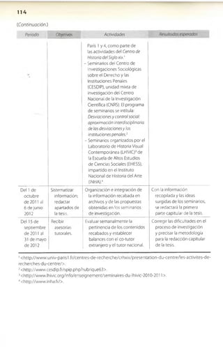 1 1 4
(iContinuación.)
Periodo Objetivos Actividades Resultados esperados
París 1 y 4, como parte de
las actividades del Centro de
Historia del Sigloxix.'
- Seminarlos del Centro de
Investigaciones Sociológicas
sobre el Derecho y las
Instituciones Penales
(CESDIP), unidad mixta de
investigación del Centro
Nacional de la Investigación
Científica (CNRS). El programa
de seminarlos se intitula:
Desviacionesy control social:
aproximación interdisciplinaria
de las desviacionesy las
instituciones penales.2
- Seminarlos organizados por el
Laboratorio de Historia Visual
Contemporánea (LHIVIC)3de
la Escuela de Altos Estudios
de Ciencias Sociales (EHESS),
impartido en el Instituto
Nacional de Historia del Arte
(INHA).4
Del 1 de
octubre
de 2011 al
6 de junio
2012
Sistematizar
información:
redactar
apartados de
la tesis.
Organización e integración de
la información recabada en
archivos y de las propuestas
obtenidas en los seminarios
de investigación.
Con la información
recopilada y las ideas
surgidas de los seminarios,
se redactará la primera
parte capitular de la tesis.
Del 15 de
septiembre
de 2011 al
31 de mayo
de 2012
Recibir
asesorías
tutorales.
Evaluar semanalmente la
pertinencia de los contenidos
recabados y establecer
balances con el co-tutor
extranjero y el tutor nacional.
Corregir las dificultades en el
proceso de investigación
y precisar la metodología
para la redacción capitular
de la tesis.
'< http://www.univ-paris1.fr/centres-de-recherche/crhxix/presentation-du-centre/les-activites-de-
recherches-du-centre/>.
2<http//www,cesdip.fr/spip.php?rubrique63>.
3<http://www.lhivic.org/info/enseignement/seminaires-du-lhivic-2010-2011>.
‘ <http://www.inha.fr/>.
 