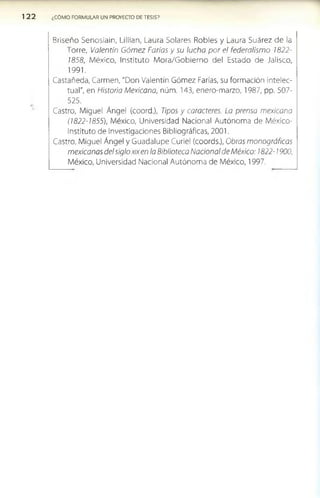 122 ¿COMO FORMULAR UN PROYECTO DE TESIS?
Briseño Senosiain, Lillian, Laura Solares Robles y Laura Suárez de la
Torre, Valentín Góm ez Farías y su lucha por el federalismo 1822­
1858, México, Instituto M ora/Gobierno del Estado de Jalisco,
1991.
Castañeda, Carmen, "Don Valentín Gómez Farías, su formación intelec­
tual", en Historia Mexicana, núm. 143, enero-marzo, 1987, pp. 507­
525.
Castro, Miguel Ángel (coord.), Tipos y caracteres. La prensa mexicana
(1822-1855), México, Universidad Nacional Autónoma de México-
Instituto de Investigaciones Bibliográficas, 2001.
Castro, Miguel Ángel y Guadalupe Curiel (coords.), Obras monográficas
mexicanas del siglo xix en la Biblioteca Nacional de México: 1822-1900,
México, Universidad Nacional Autónoma de México, 1997.
 