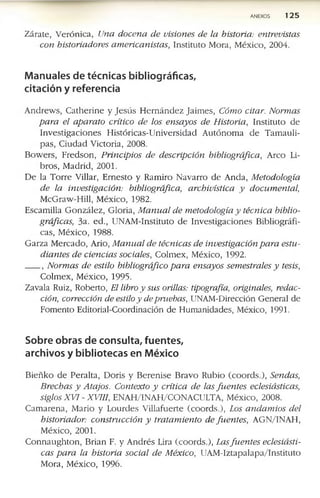 ANEXOS 1 2 5
Z á ra te , V e ró n ic a , Una docena de visiones de la historia: entrevistas
con historiadores americanistas, In s titu to M ora, M éx ico , 2004.
Manuales de técnicas bibliográficas,
citación y referencia
A n d re w s, C a th e rin e y J e s ú s H e rn á n d e z Ja im e s, Cómo citar. Normas
para el aparato crítico de los ensayos de Historia, In s titu to d e
In v e s tig a c io n e s H istó ric a s-U n iv e rsid a d A u tó n o m a d e T a m a u li-
p a s, C iu d a d V icto ria, 2008.
B o w e rs, F re d s o n , Principios de descripción bibliográfica, A rco Li­
b ro s, M ad rid , 2001.
D e la T o rre V illar, E rn e sto y R am iro N a v a rro d e A n d a , Metodología
de la investigación: bibliográfica, archivística y documental,
M cG raw -H ill, M éx ico , 1982.
E scan tilla G o n z á le z , G lo ria, M anual de metodología y técnica biblio­
gráficas, 3a. e d ., U N A M -In stitu to d e In v e s tig a c io n e s B ib lio g ráfi­
cas, M éx ico , 1988.
G a rz a M e rc a d o , A rio, M anual de técnicas de investigación para estu­
diantes de ciencias sociales, C o lm e x , M éx ico , 1992.
, Normas de estilo bibliográfico para ensayos semestrales y tesis,
C o lm ex , M éx ico , 1995.
Z av ala Ruiz, R o b erto , El libro y sus orillas: tipografía, originales, redac­
ción, corrección de estilo y depruebas, U N A M -D irección G en eral d e
F o m e n to E d ito ria l-C o o rd in ació n d e H u m a n id a d e s, M éxico, 1991.
Sobre obras de consulta, fuentes,
archivos y bibliotecas en México
B ie ñ k o d e P e ra lta , D o ris y B e re n ise B ra v o R u b io (c o o rd s .), Sendas,
Brechas y Atajos. Contexto y crítica de las fuentes eclesiásticas,
siglos XVI - XVIII, E N A H /IN A H /C O N A C U L T A , M éx ico , 2008.
C a m a re n a , M ario y L o u rd e s V illa fu e rte (c o o rd s .), los andamios del
historiador: construcción y tratamiento de fuentes, A G N /IN A H ,
M éx ico , 2001.
C o n n a u g h to n , B ria n F. y A n d ré s Lira (c o o rd s .), las fuentes eclesiásti­
cas para la historia social de México, U A M -Iz ta p a la p a /In stitu to
M o ra, M éx ico , 1996.
 